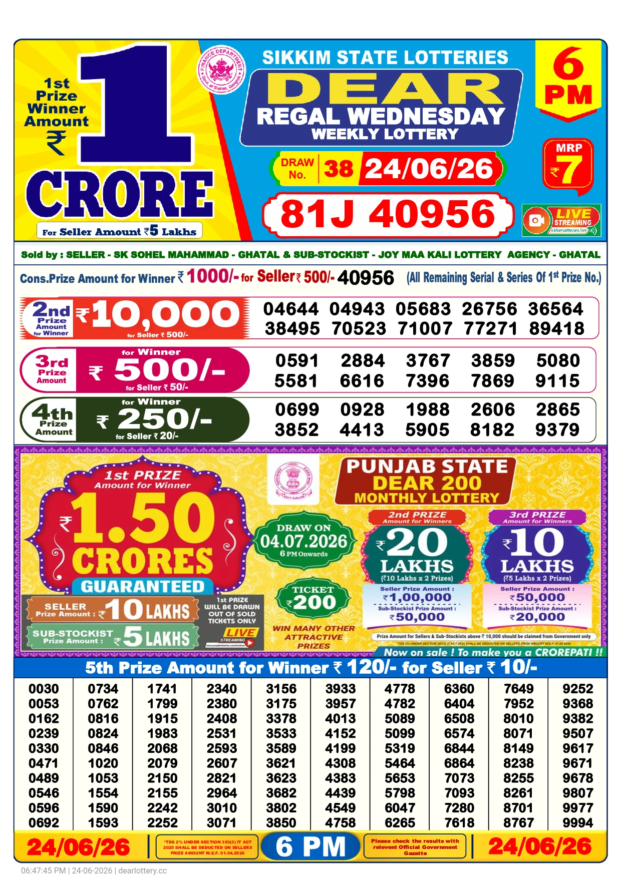 Dear Lottery Result 6PM Today (24-06-2026)