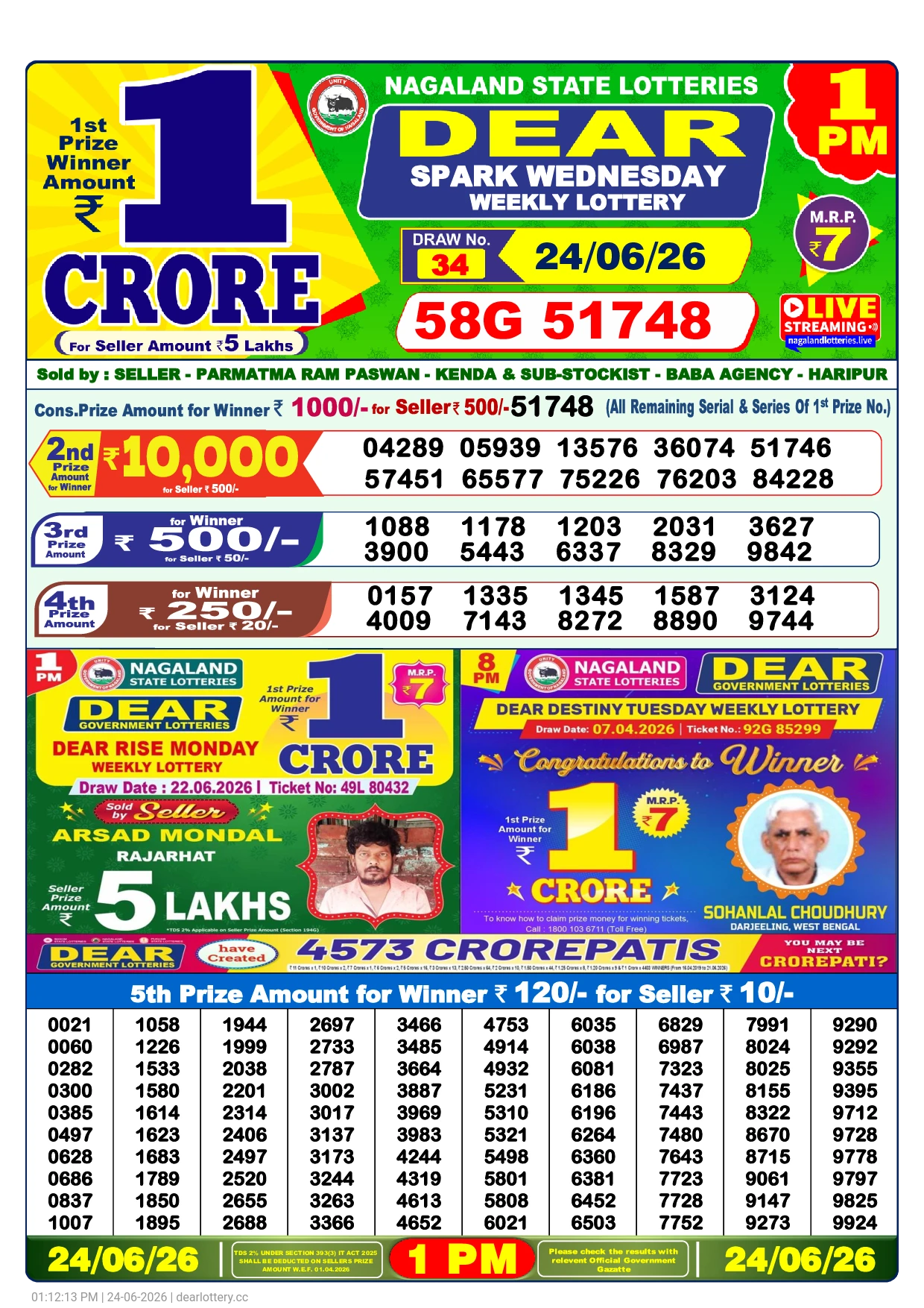 Dear Lottery Result 1PM Today (24-06-2026)